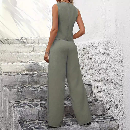 Dames Co-ord Set Zomer met Mouwloos Gilet en Lange Pantalon
