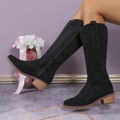 Dames Hoge Cowboylaarzen met Middenhak in Retro Stijl Zwart