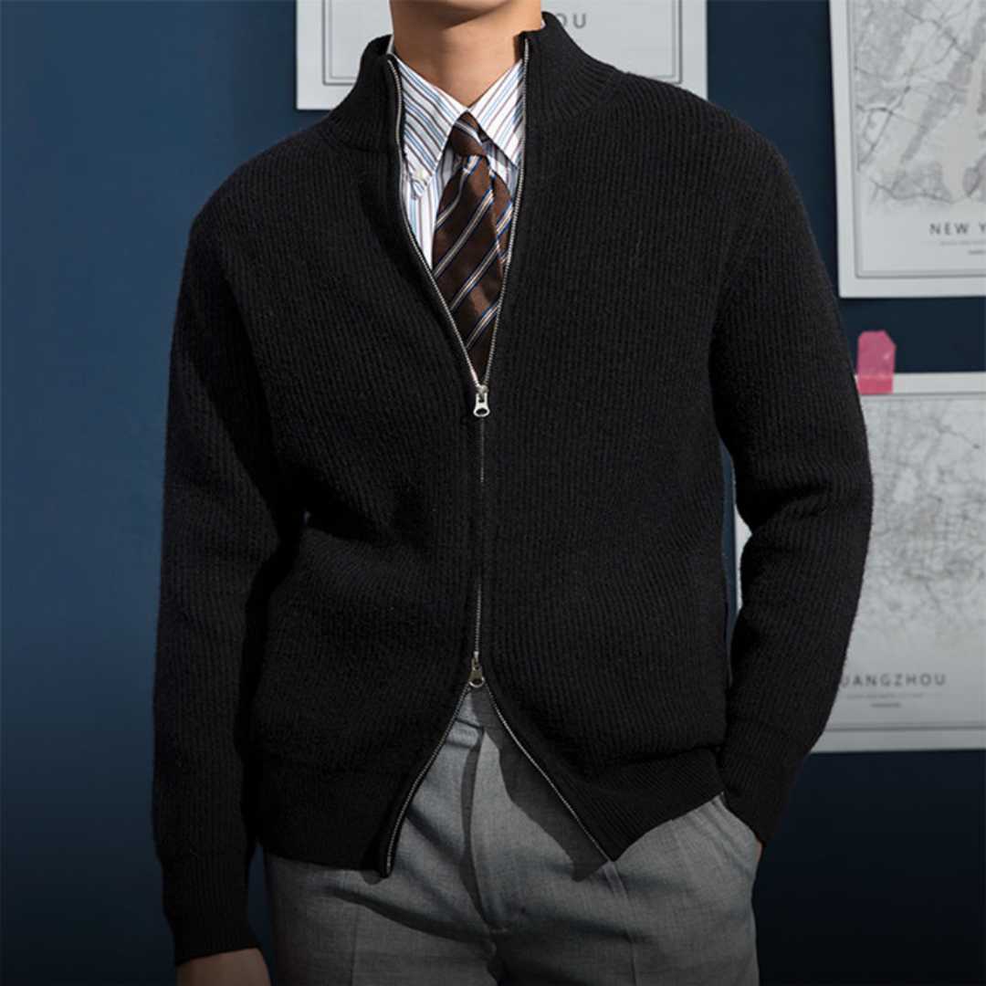 Heren Cardigan met Rits en Ribgebreide Textuur Zwart