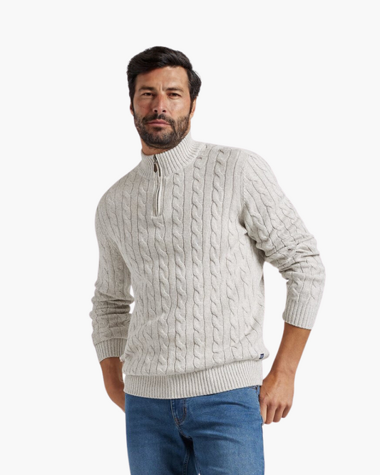 Heren Half Zip Katoenen Trui met Kabelpatroon Grijs