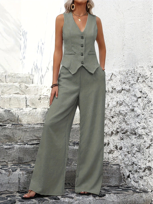 Dames Co-ord Set Zomer met Mouwloos Gilet en Lange Pantalon Groen