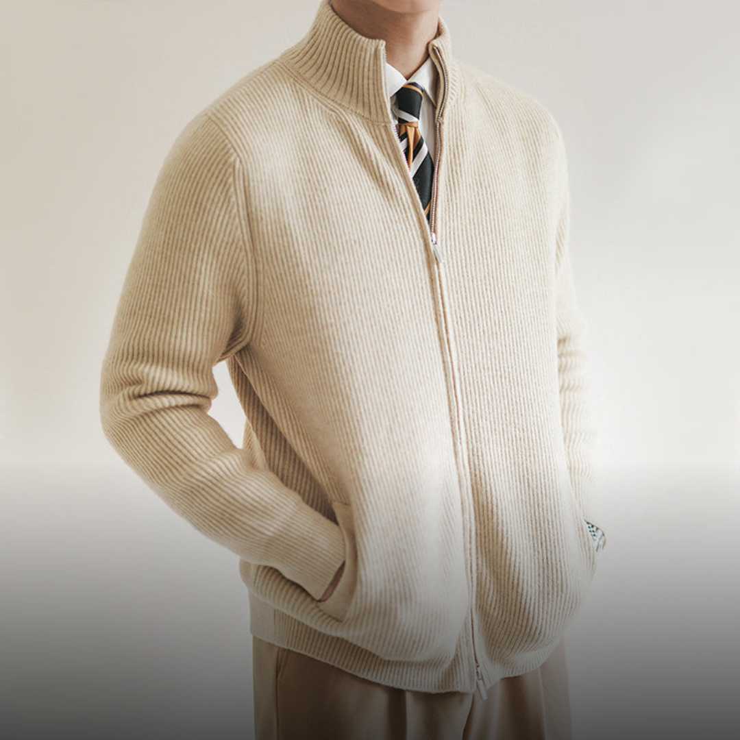 Heren Cardigan met Rits en Ribgebreide Textuur