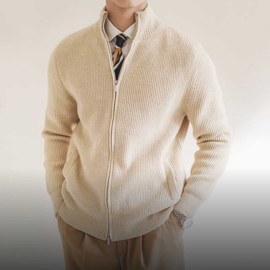 Heren Cardigan met Rits en Ribgebreide Textuur Beige