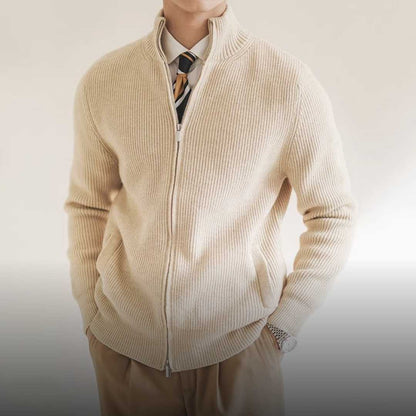 Heren Cardigan met Rits en Ribgebreide Textuur Beige