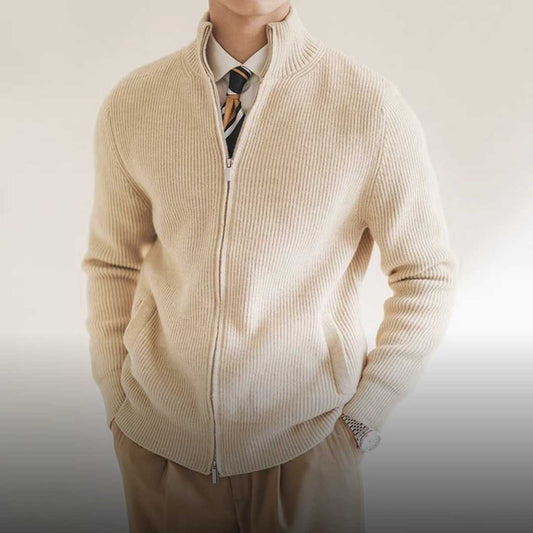 Heren Cardigan met Rits en Ribgebreide Textuur Beige