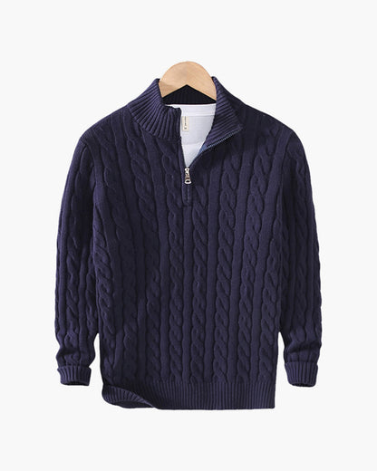 Heren Half Zip Katoenen Trui met Kabelpatroon Marineblauw