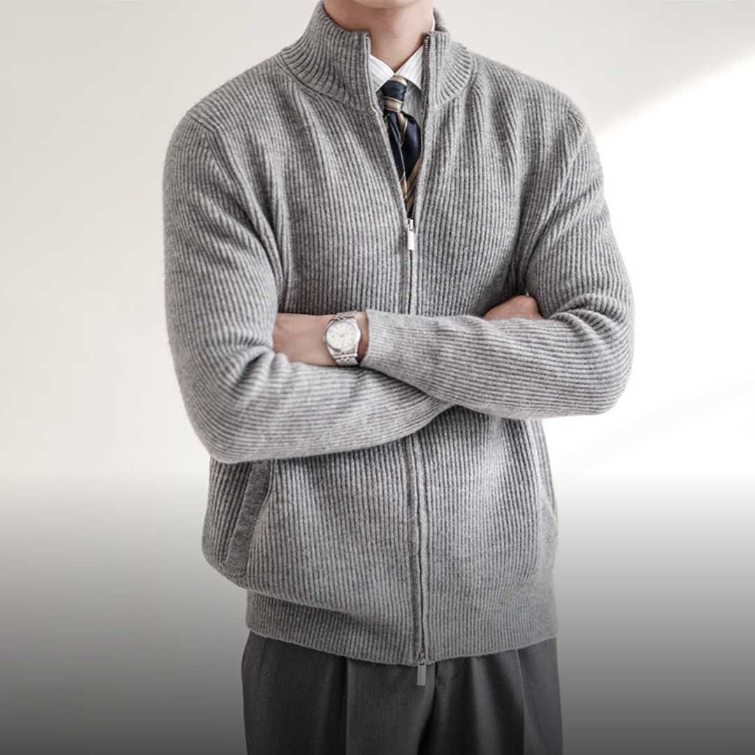 Heren Cardigan met Rits en Ribgebreide Textuur Grijs