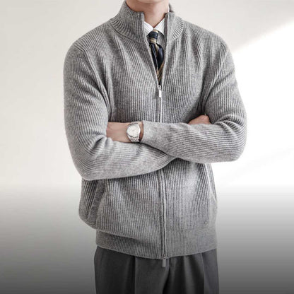 Heren Cardigan met Rits en Ribgebreide Textuur Grijs