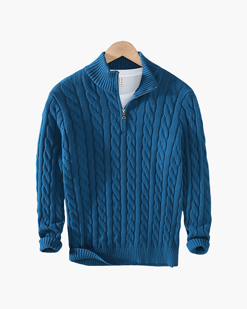 Heren Half Zip Katoenen Trui met Kabelpatroon Lichtblauw