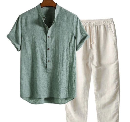 Heren Kledingset Shirt Korte Mouwen en Lange Broek Groen Beige