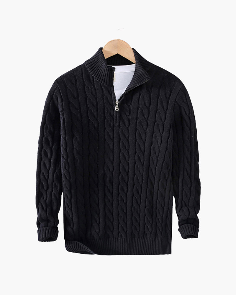 Heren Half Zip Katoenen Trui met Kabelpatroon Zwart