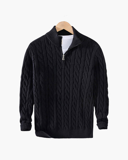 Heren Half Zip Katoenen Trui met Kabelpatroon Zwart