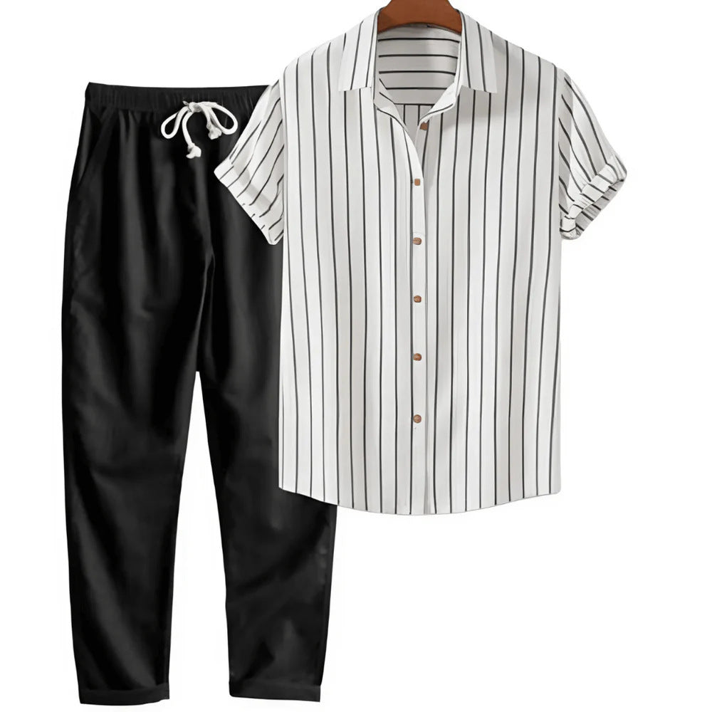 Heren Kledingset Shirt Korte Mouwen en Lange Broek Wit Zwart