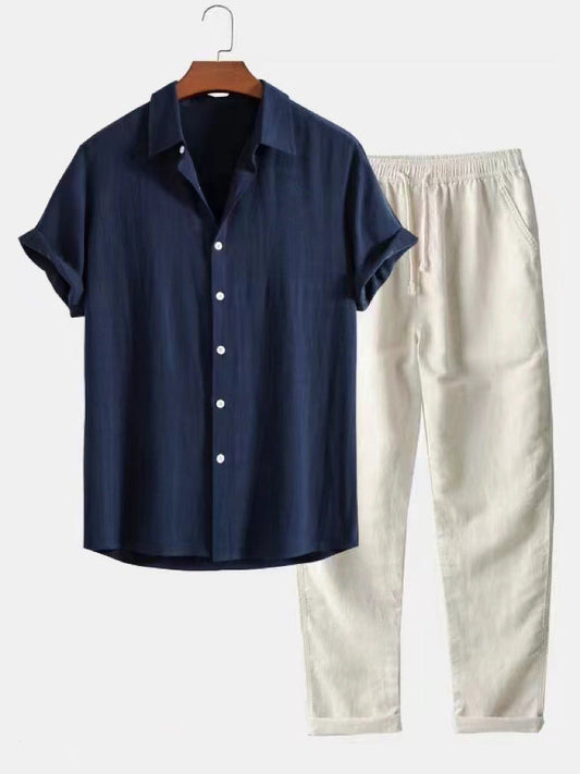 Heren Casual Shirt met Korte Mouwen en Broek Kledingset Marineblauw Beige