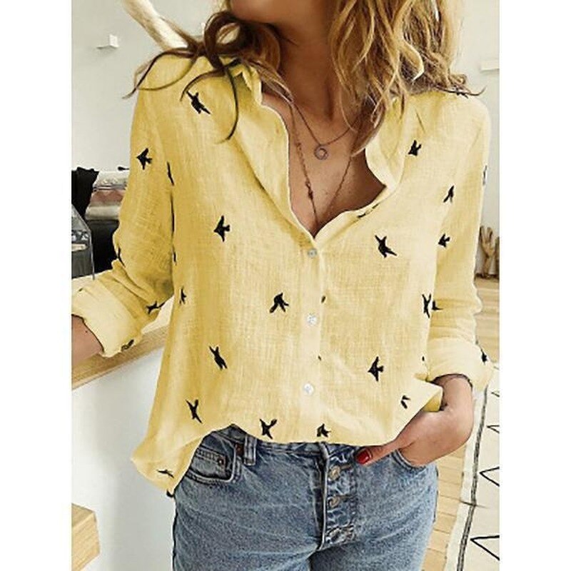 Dames Blouse met Lange Mouwen en Lage Hals Geel Vogeltjes