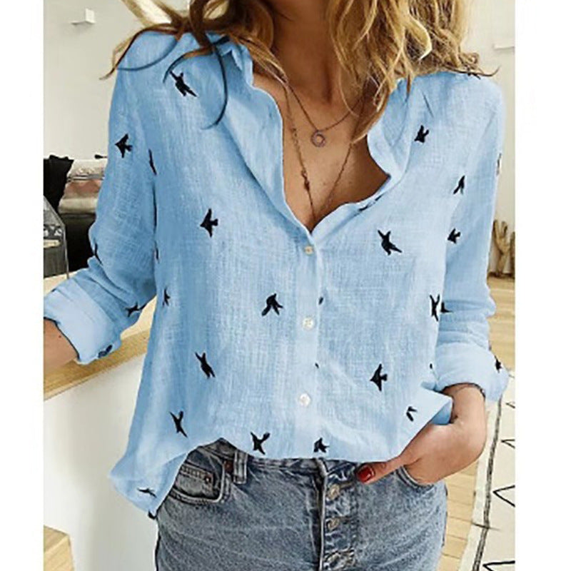 Dames Blouse met Lange Mouwen en Lage Hals Blauw Vogeltjes