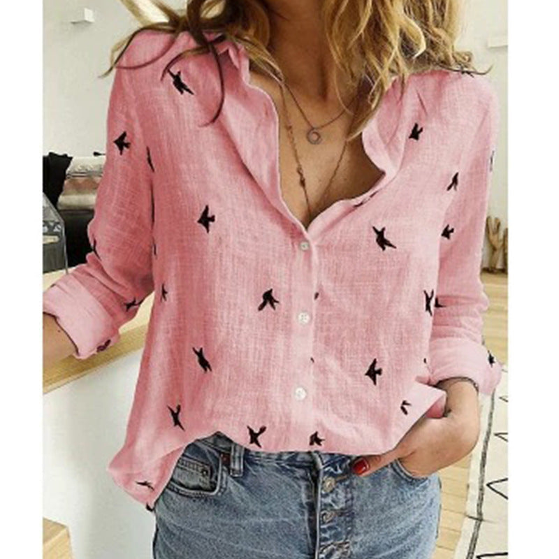 Dames Blouse met Lange Mouwen en Lage Hals Roze Vogeltjes