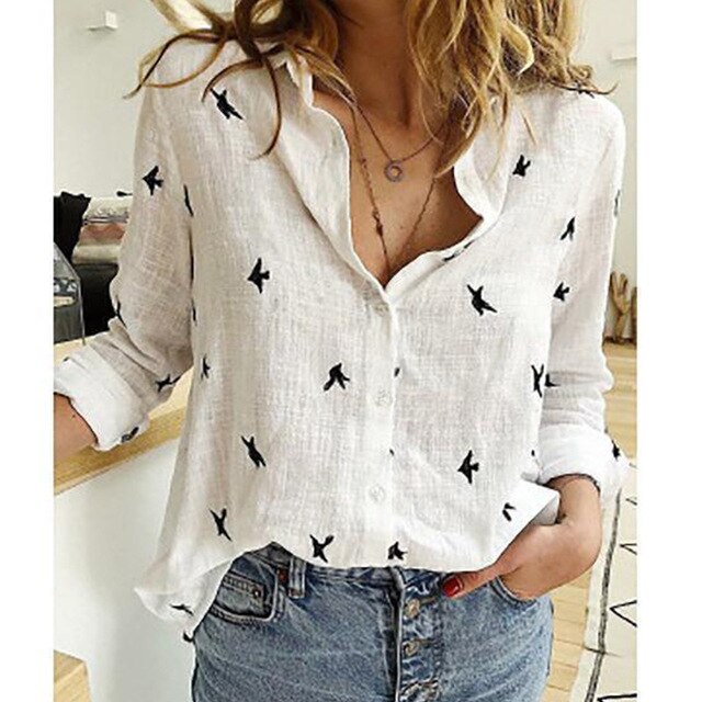 Dames Blouse met Lange Mouwen en Lage Hals Wit Vogeltjes