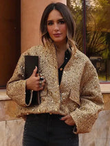 Dames Korte Glitterjas met Kraag en Oversized Pasvorm