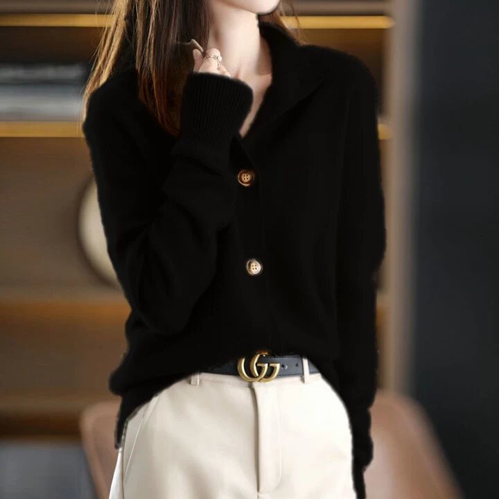 Dames Cardigan met Knopen en Elegante Hals Zwart