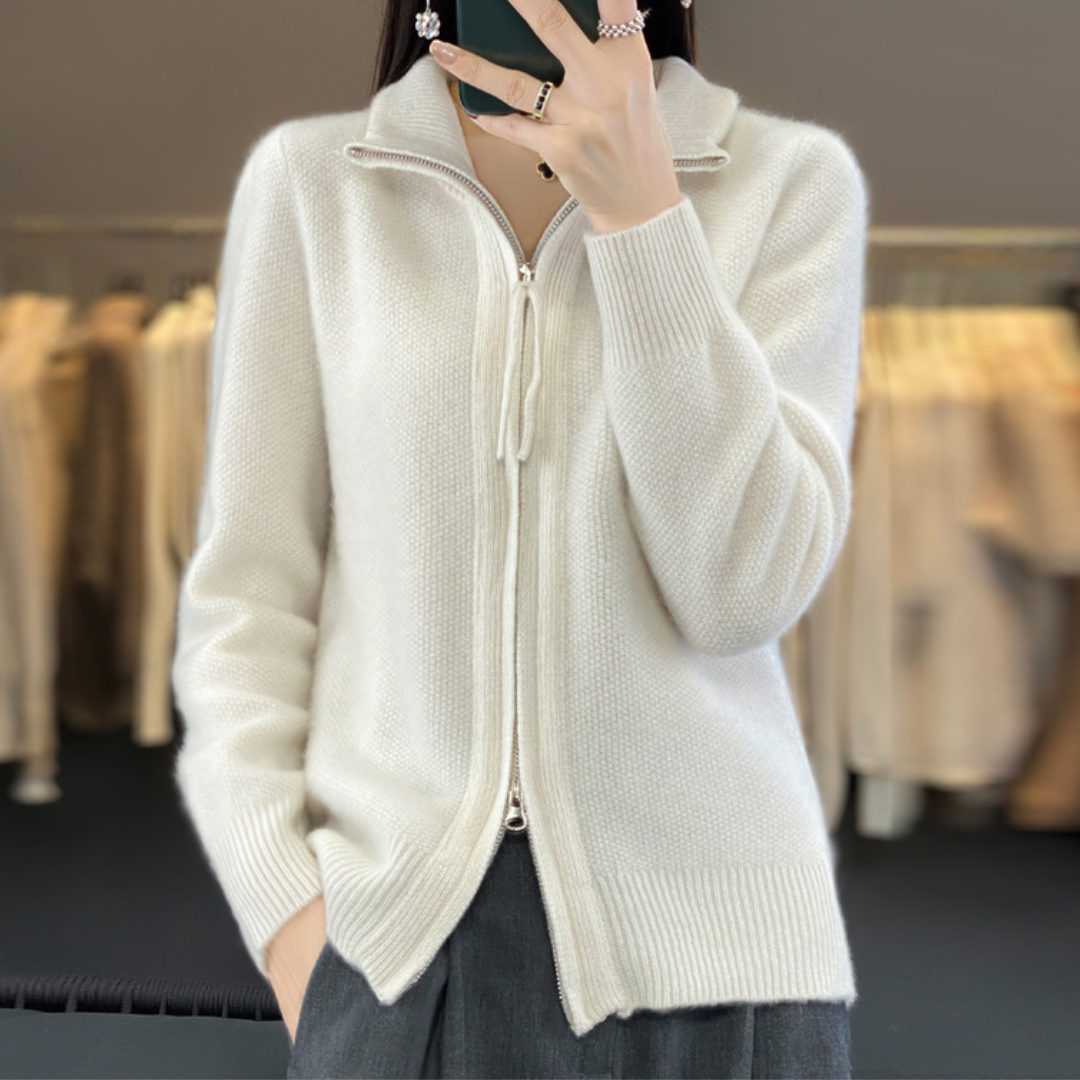 Dames Cardigan met Rits en Geribbelde Manchetten Wit