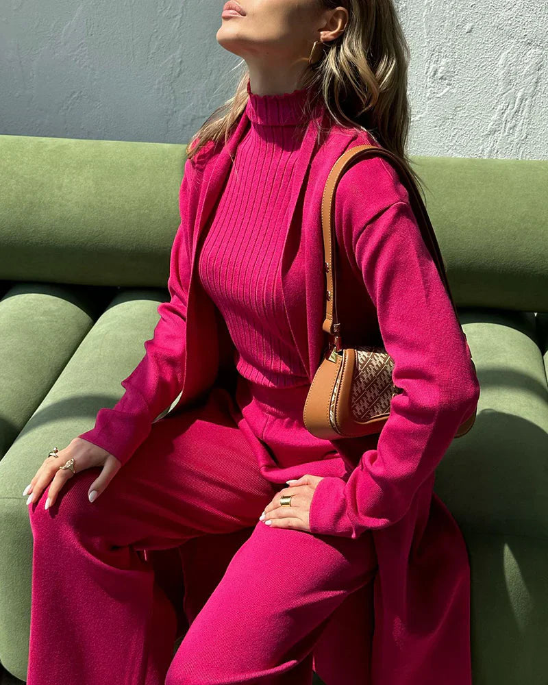 Dames Co Ord Set met Lange Cardigan en Mouwloze Coltrui voor Comfy Look 8