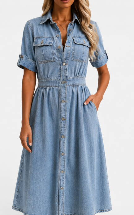 Dames Denim Midi Jurk Korte Mouw met Knoopsluiting en Elastische Taille