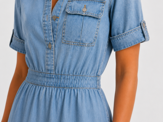 Dames Denim Midi Jurk Korte Mouw met Knoopsluiting en Elastische Taille