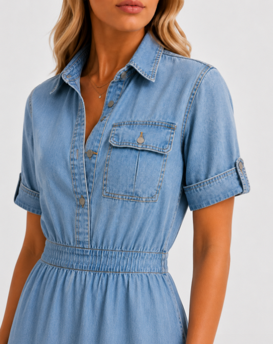 Dames Denim Midi Jurk Korte Mouw met Knoopsluiting en Elastische Taille Blauw