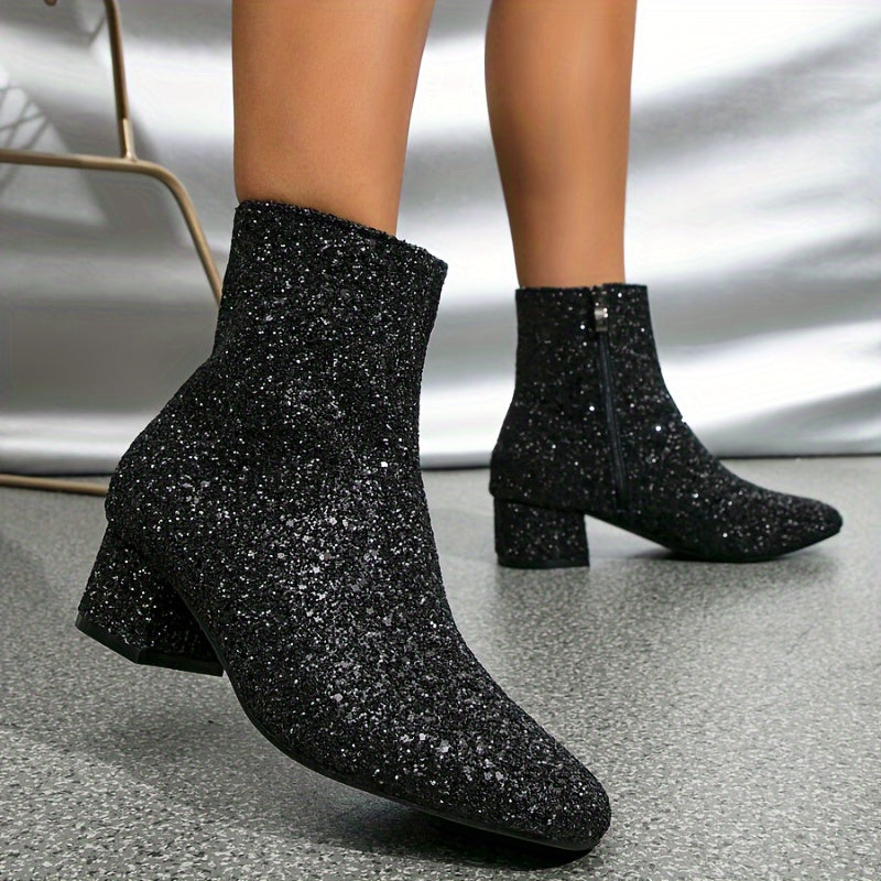 Dames Enkellaarsjes met Glitterafwerking en Blokhak