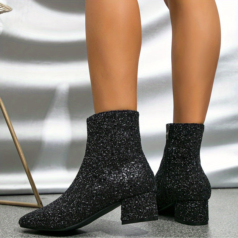 Dames Enkellaarsjes met Glitterafwerking en Blokhak