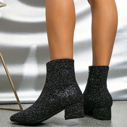 Dames Enkellaarsjes met Glitterafwerking en Blokhak