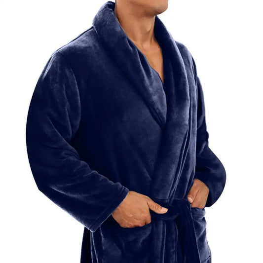 Heren Fleece Badjas met Sjaalkraag en Riemsluiting Marineblauw