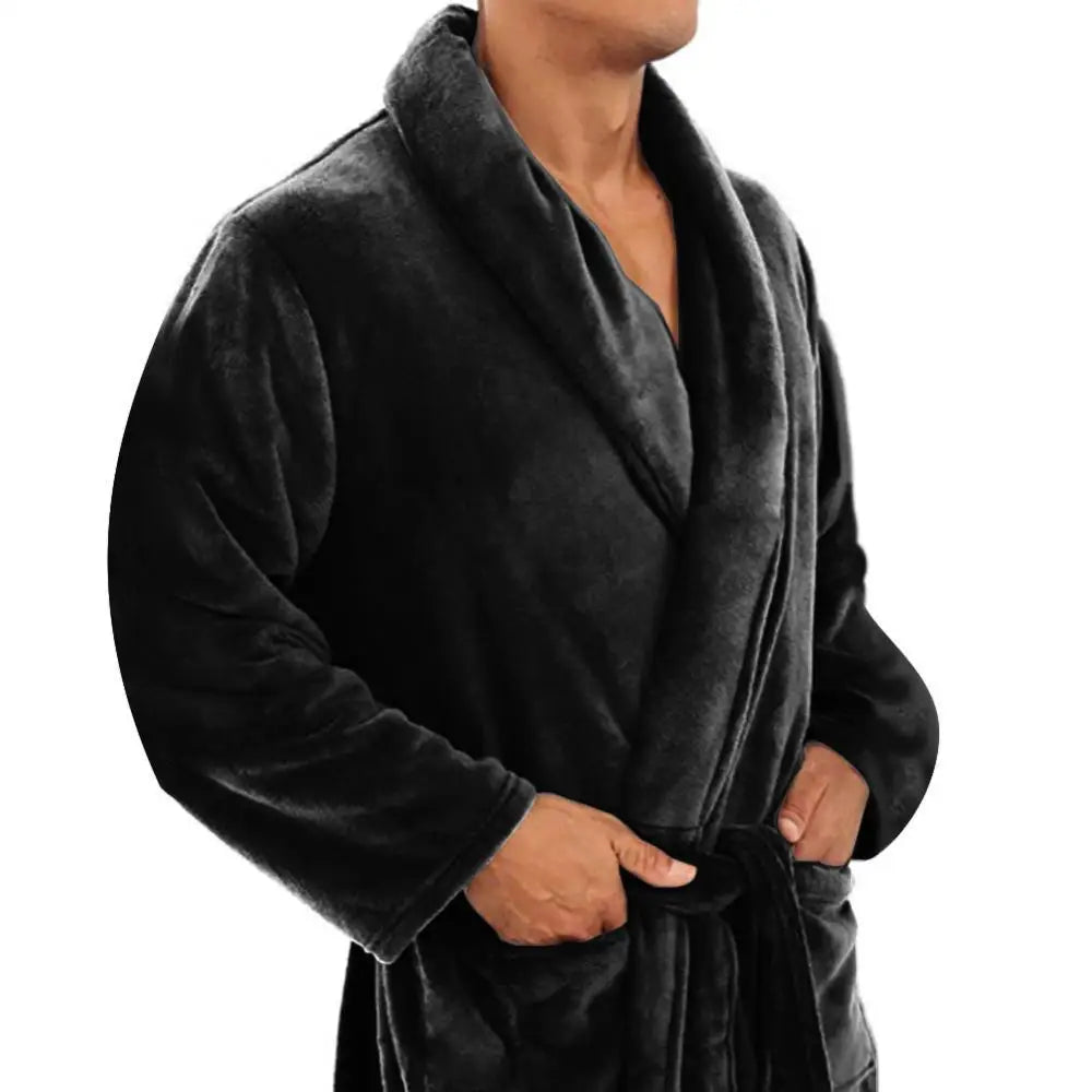 Heren Fleece Badjas met Sjaalkraag en Riemsluiting Zwart