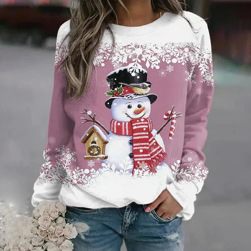 Dames Foute Kersttrui met Sneeuwmanprint en Lange Mouwen voor de Winter Roze