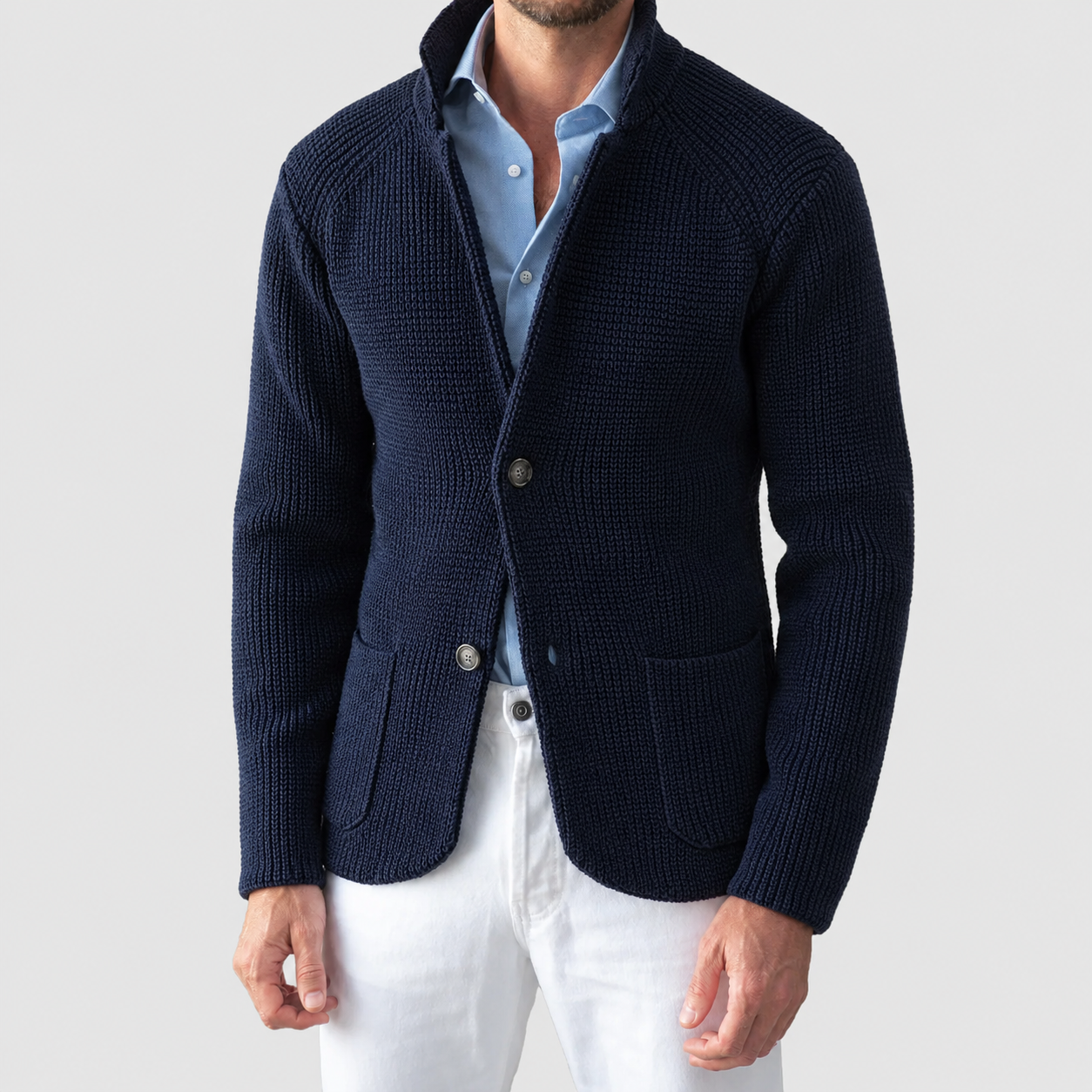 Heren Gebreid Colbert met Twee Knoopsluitingen en Reverskraag Blauw