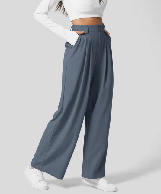 Dames Hoge Taille Broek met Elastische Taille en Wijde Pijpen 0