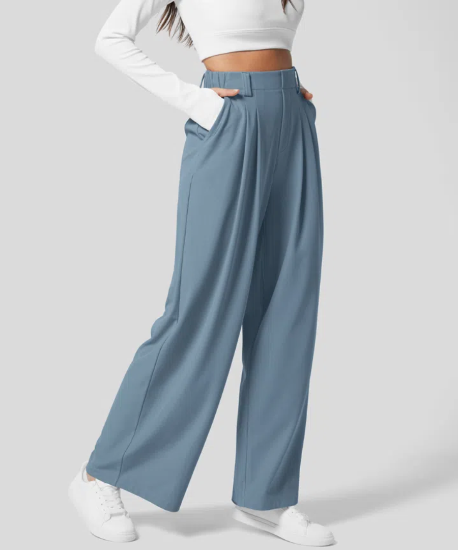 Dames Hoge Taille Broek met Elastische Taille en Wijde Pijpen 3
