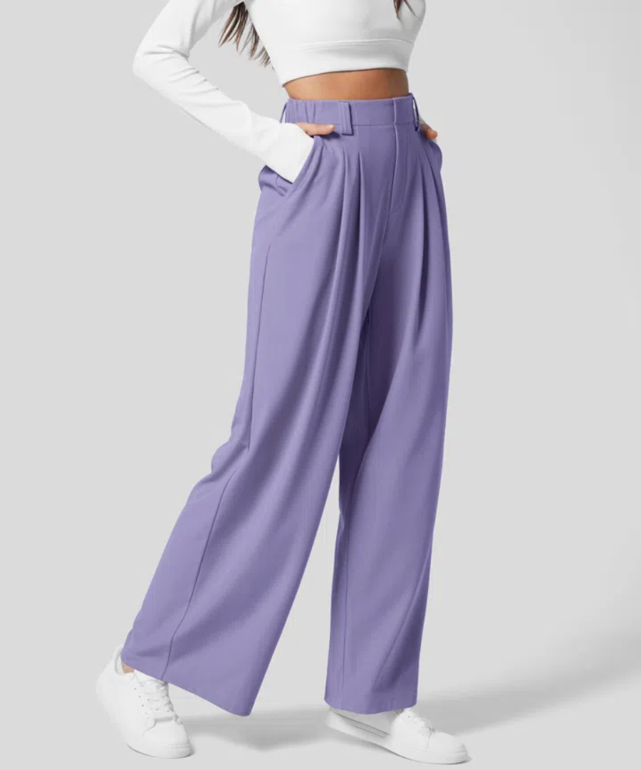 Dames Hoge Taille Broek met Elastische Taille en Wijde Pijpen 7