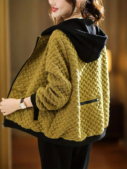 Dames Gewatteerde Hoodie met Rits en Basketweave Patroon Goud