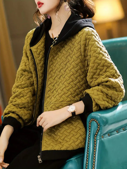 Dames Gewatteerde Hoodie met Rits en Basketweave Patroon