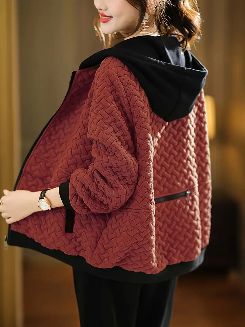 Dames Gewatteerde Hoodie met Rits en Basketweave Patroon Wijnrood