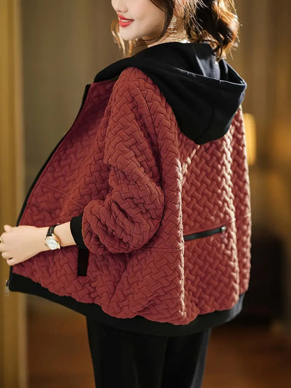 Dames Gewatteerde Hoodie met Rits en Basketweave Patroon Wijnrood