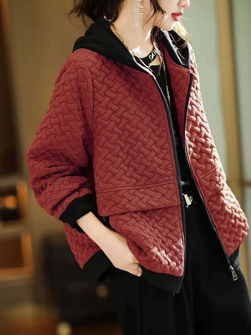 Dames Gewatteerde Hoodie met Rits en Basketweave Patroon