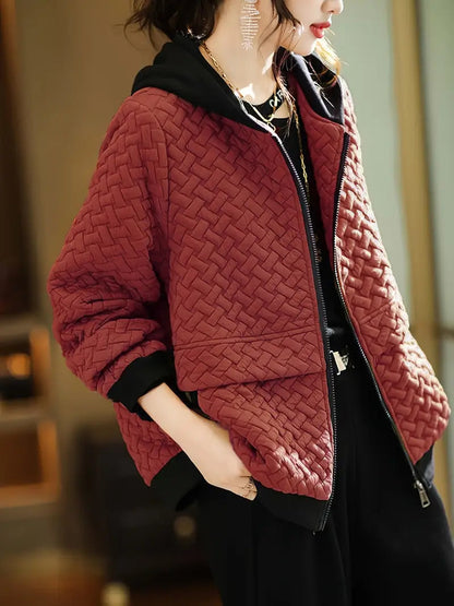 Dames Gewatteerde Hoodie met Rits en Basketweave Patroon