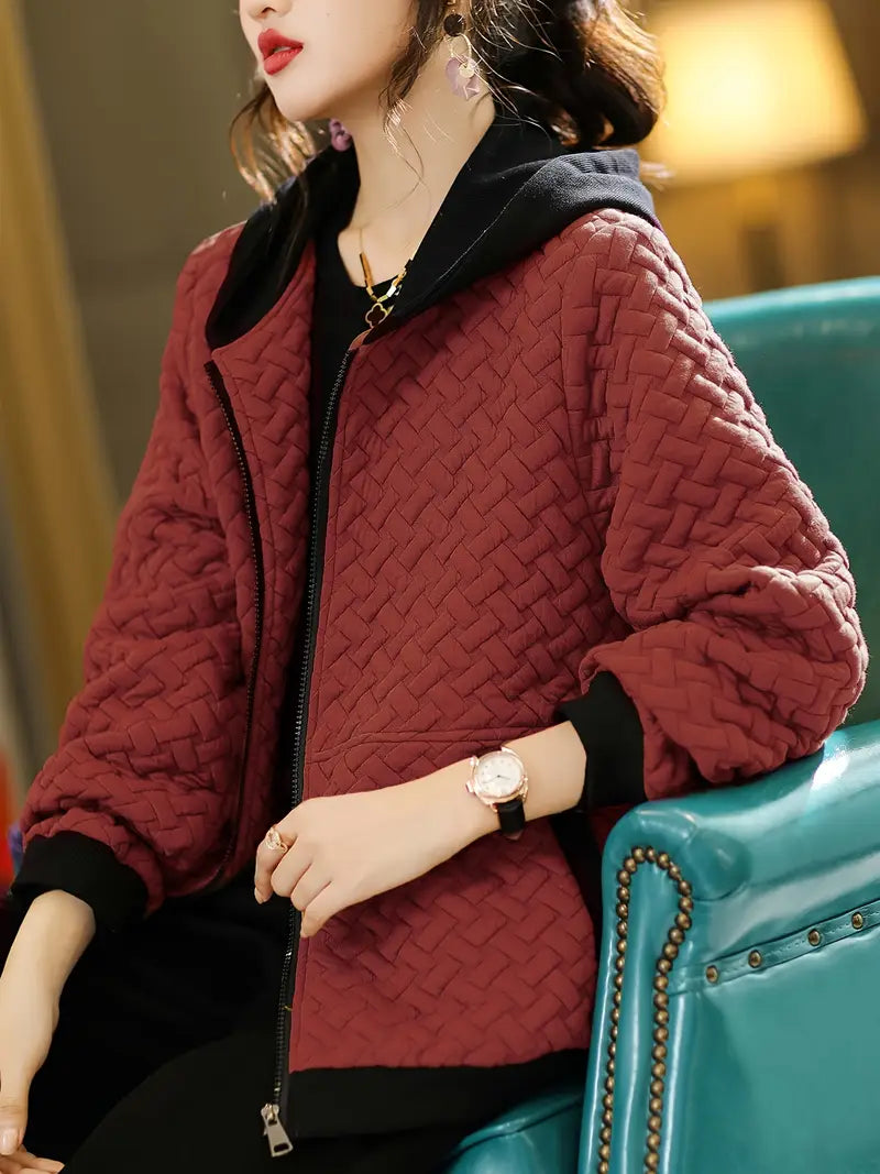 Dames Gewatteerde Hoodie met Rits en Basketweave Patroon