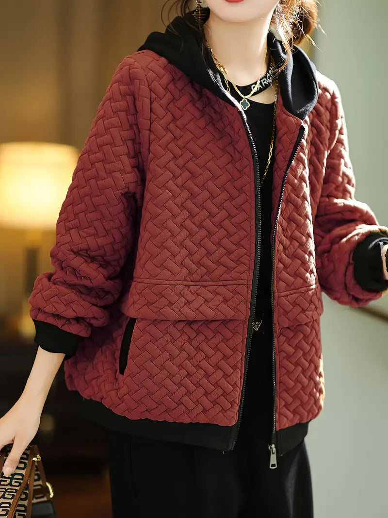 Dames Gewatteerde Hoodie met Rits en Basketweave Patroon