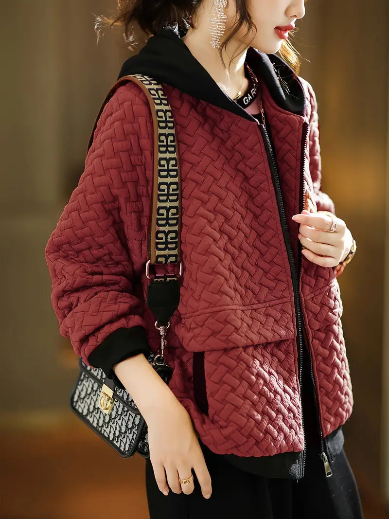 Dames Gewatteerde Hoodie met Rits en Basketweave Patroon