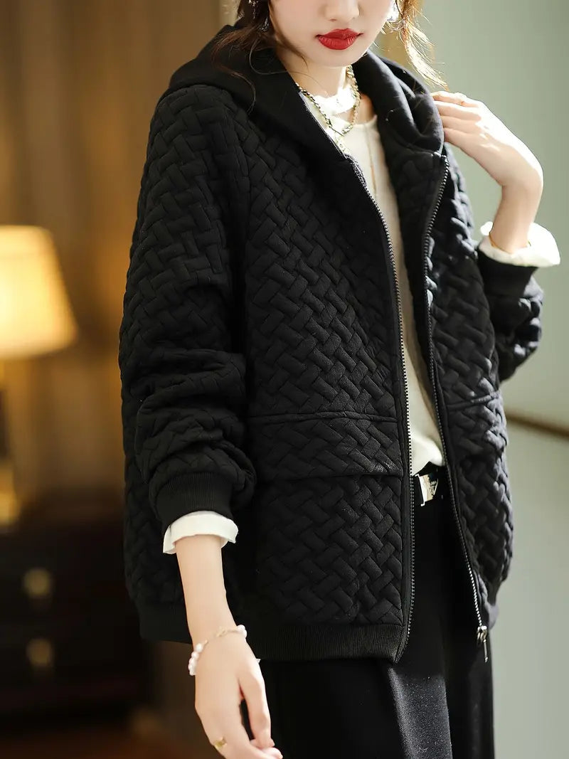 Dames Gewatteerde Hoodie met Rits en Basketweave Patroon Zwart