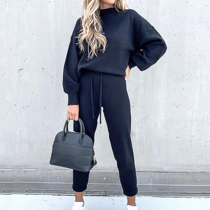 Dames Huispak met Rolkraag en Hoge Taille Broek voor de Herfst en Winter Blauw